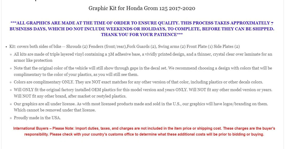 Decal Graphic Kit for Honda GROM125 (2017–2020)