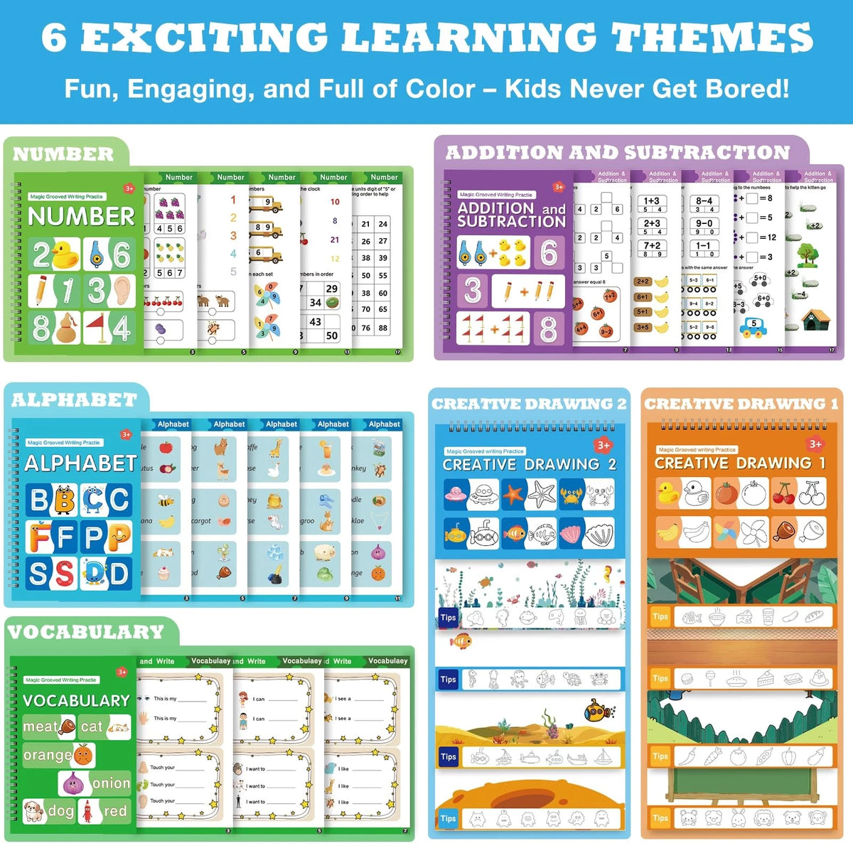 Set of 6 Reusable Writing Practice Books for Kids Ages 3–8