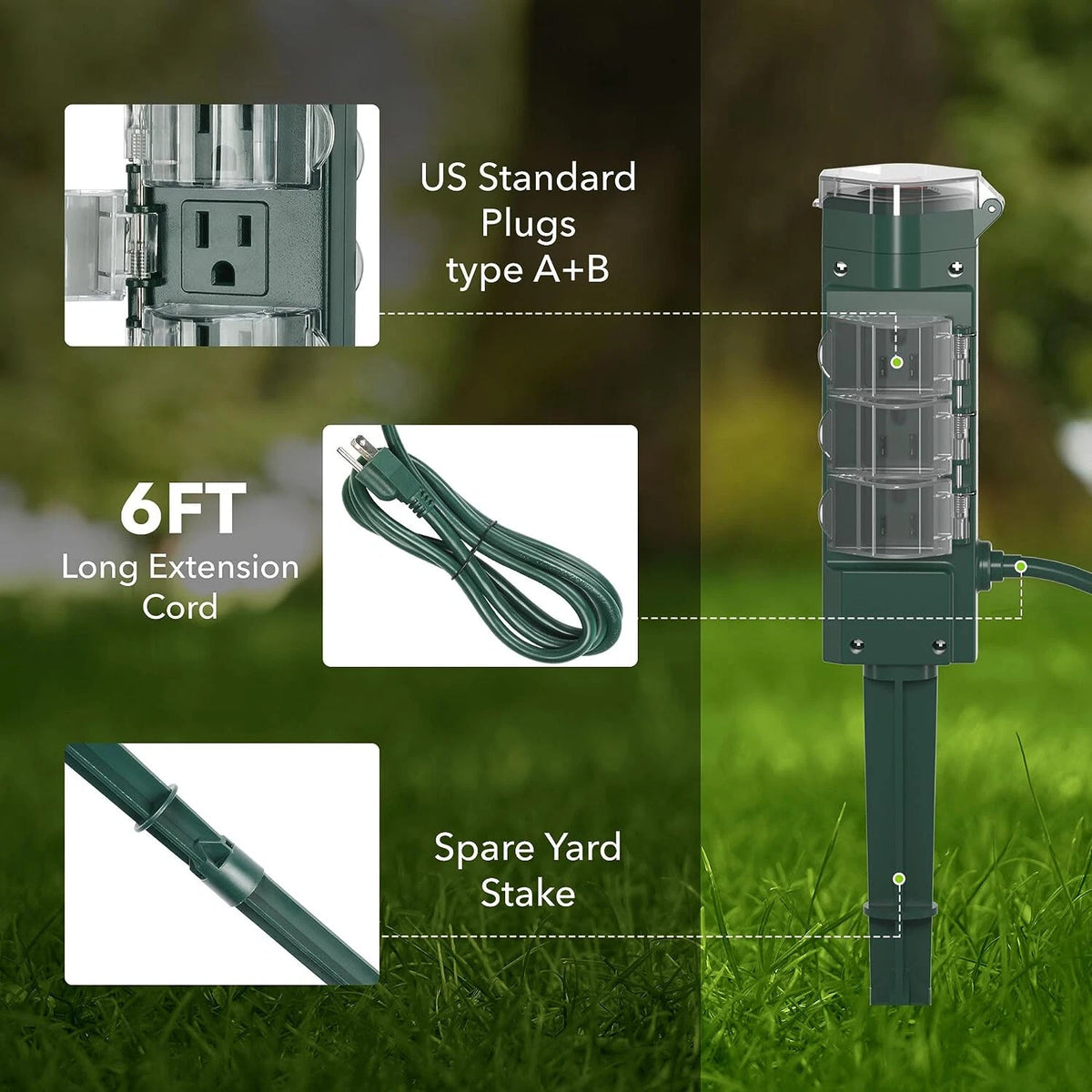 Outdoor Power Strip Yard Stake for Multiple Plug Use (6ft Extension Cord)