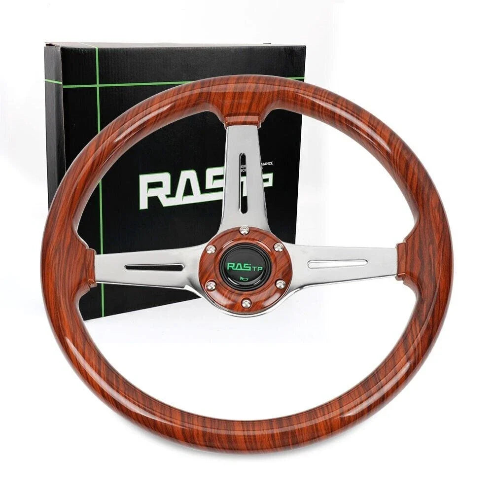 14'' Wooden Steering Wheel for Universal Fit (Wood Grain, Chrome Spoke)