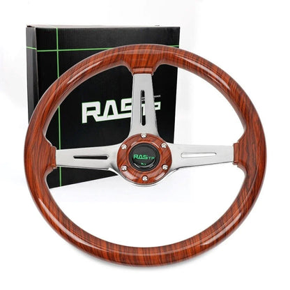 14'' Wooden Steering Wheel for Universal Fit (Wood Grain, Chrome Spoke)