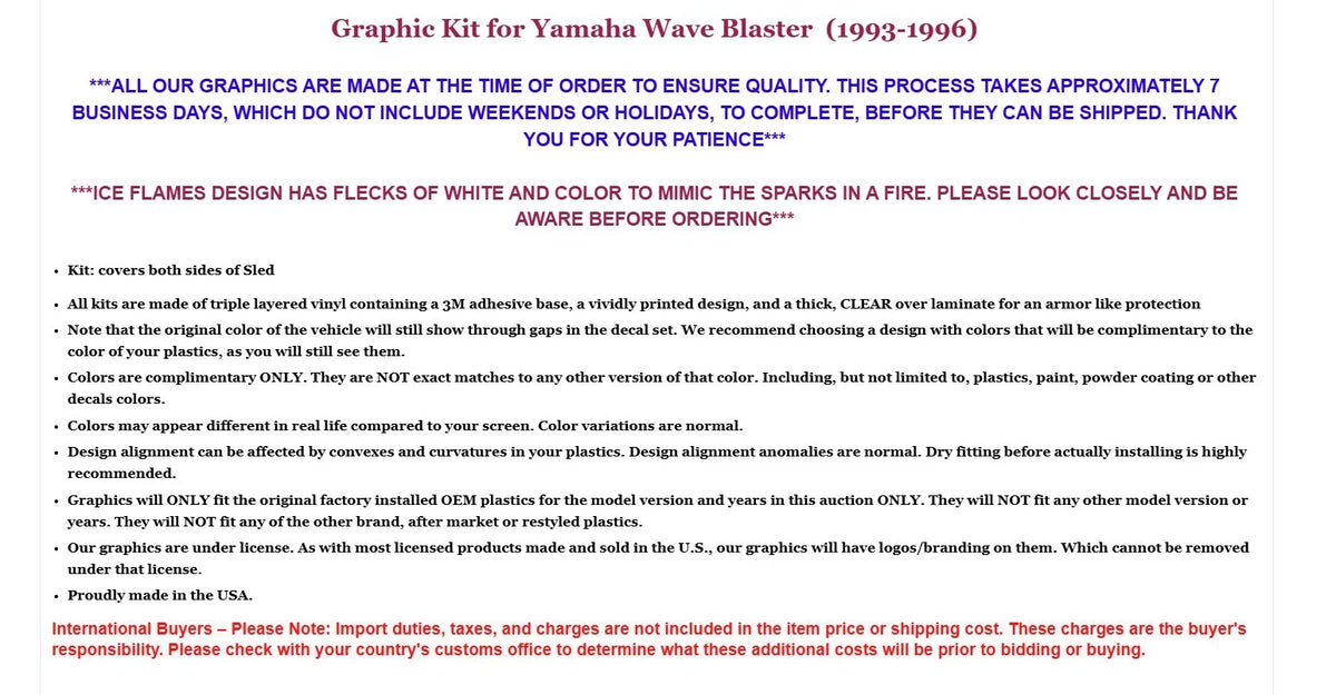 Graphic Stickers Decals for Yamaha Wave Blaster (1993–1996)