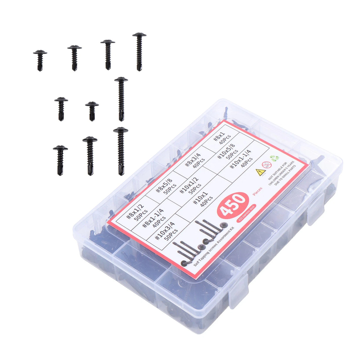 Set of 450 Self-Tapping Screws #8 #10 Hex Head 1/2" to 1-1/4"