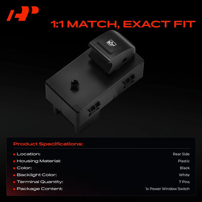 Rear Power Window Switch for Chevrolet Silverado 1500, GMC (2015–2019) 23129541, 23180793, 23436102, 23436335, DWS2047