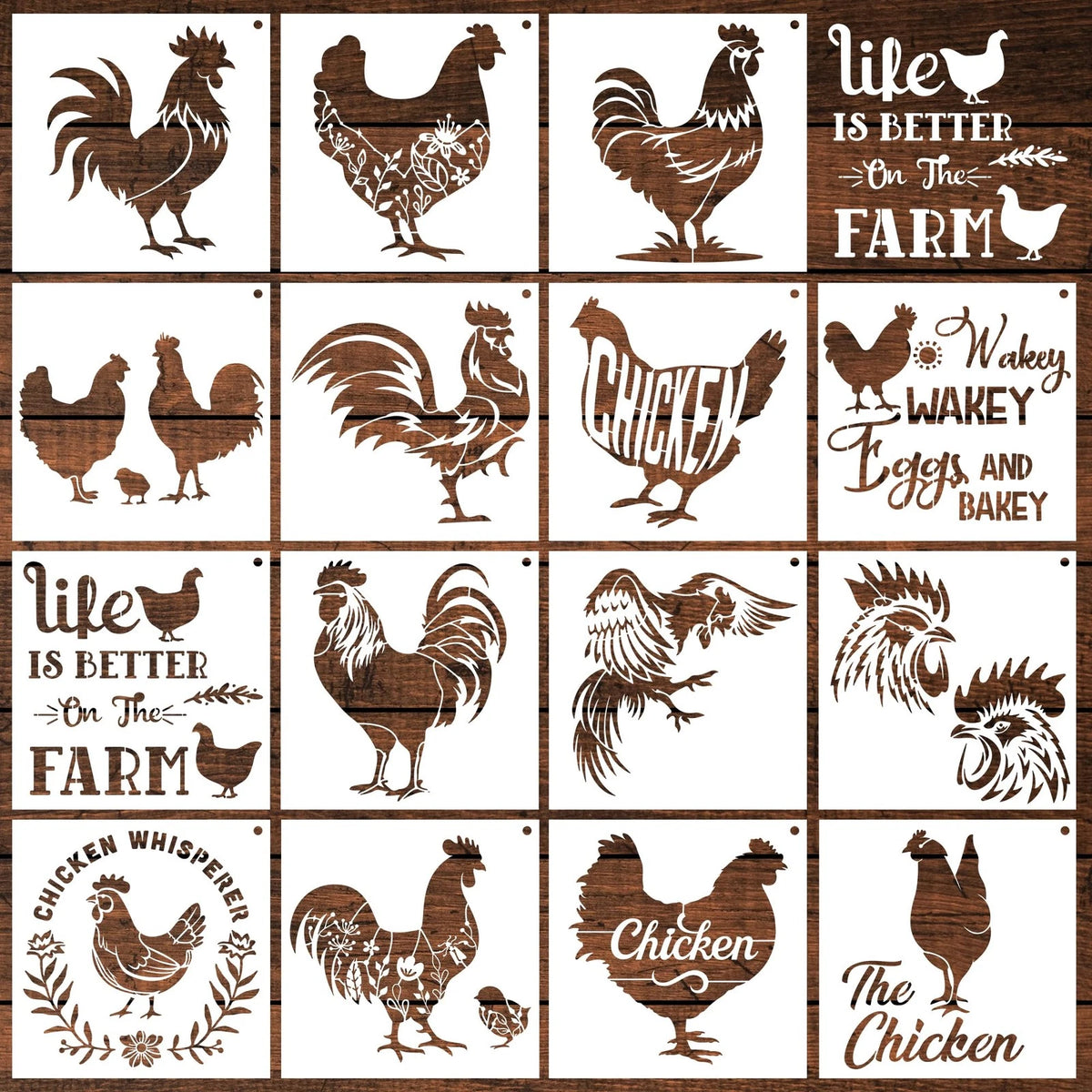 15 Pcs Farmhouse Chicken Stencils for Wood 6 Inches