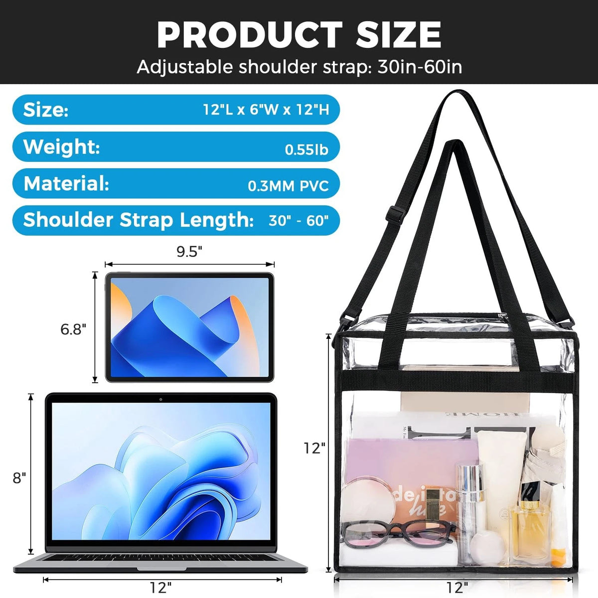 Clear Stadium Approved Tote Bag for Events (12x12x6in, Black)