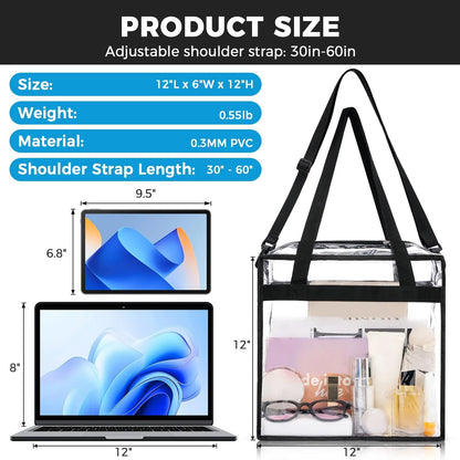 Clear Stadium Approved Tote Bag for Events (12x12x6in, Black)