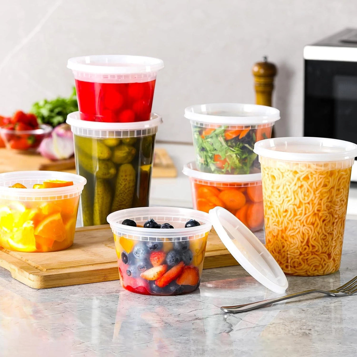 Set of 20 Plastic Deli Food Containers with Lids 16oz, 32oz Variety Pack
