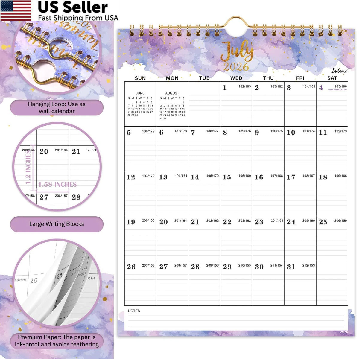 Calendar 2026-2027 Wall Calendar 8.5" x 11" Gold Finish