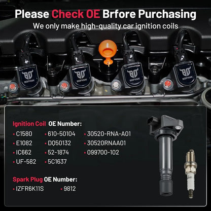Set of 4 Ignition Coils & Spark Plugs for Honda Civic 2006–2011 UF582 E1082