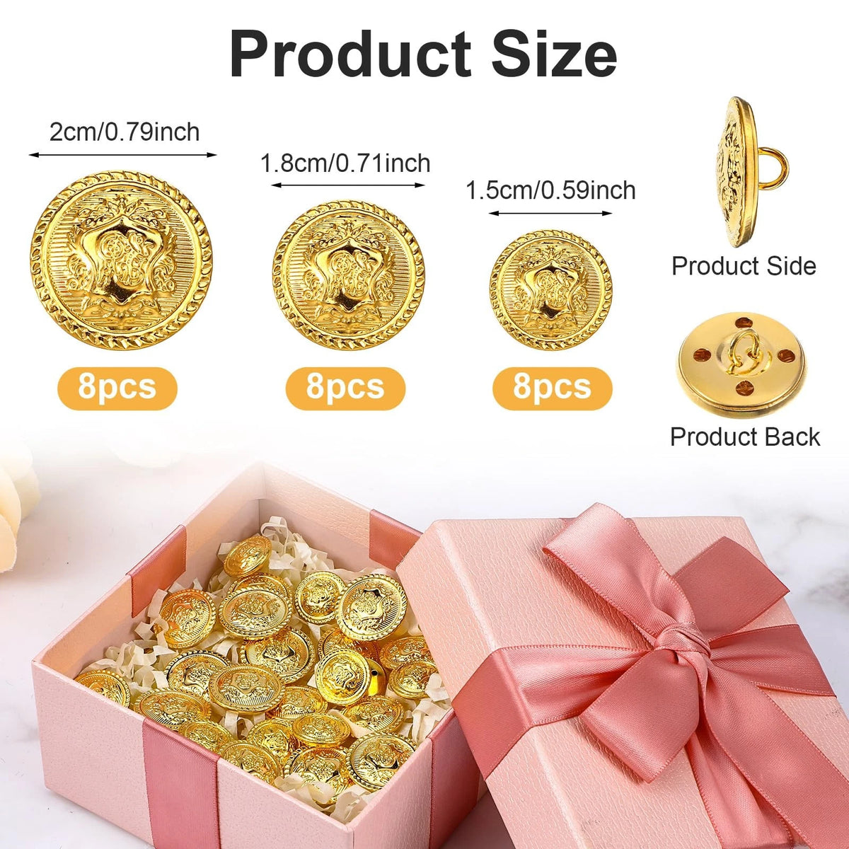 24 Pcs Gold Buttons for Blazer, Coat (Various Sizes)
