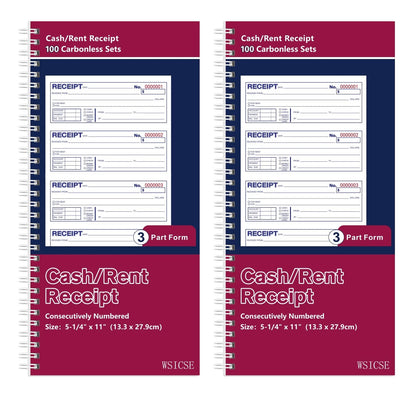 2 Pack Receipt Books with Carbon Copies for Rent Book (3-Part)