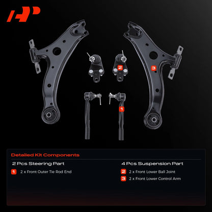 Set of 6 Front Control Arm Ball Joint Tie Rod Ends for Toyota Camry