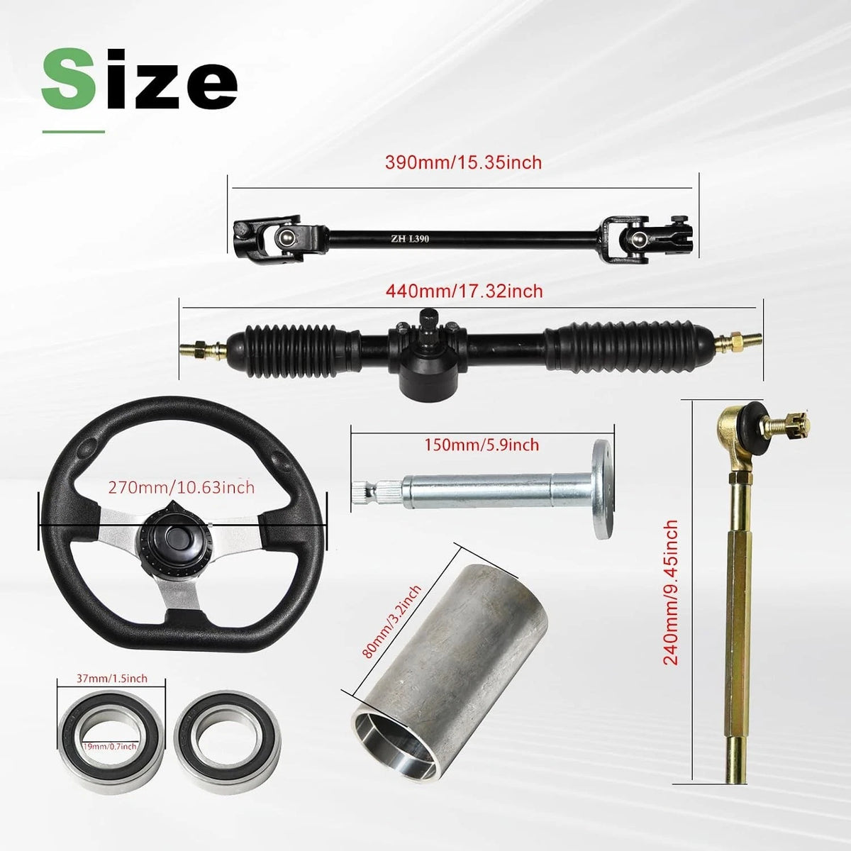 Steering Kit for Go Kart (390mm Shaft, 440mm Rack, 270mm Wheel)