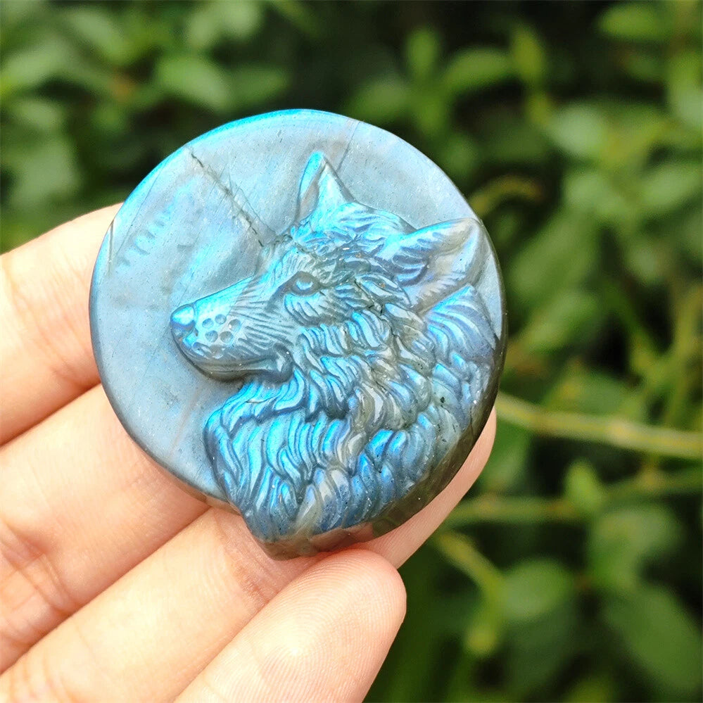 2" Hand-carved Labradorite Wolf Quartz Crystal Skull Healing