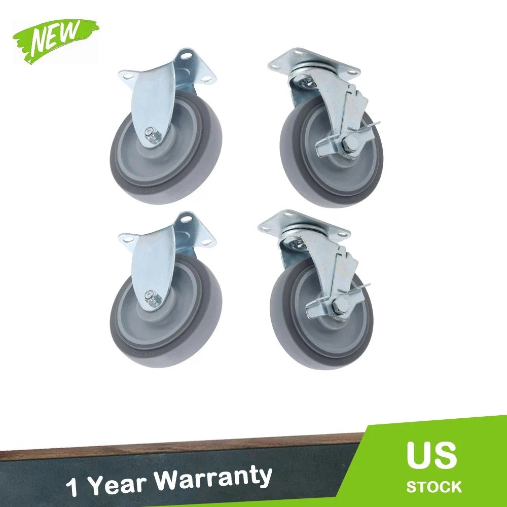 Set of 4 Heavy Duty 5" Rubber Caster Wheels with Brakes