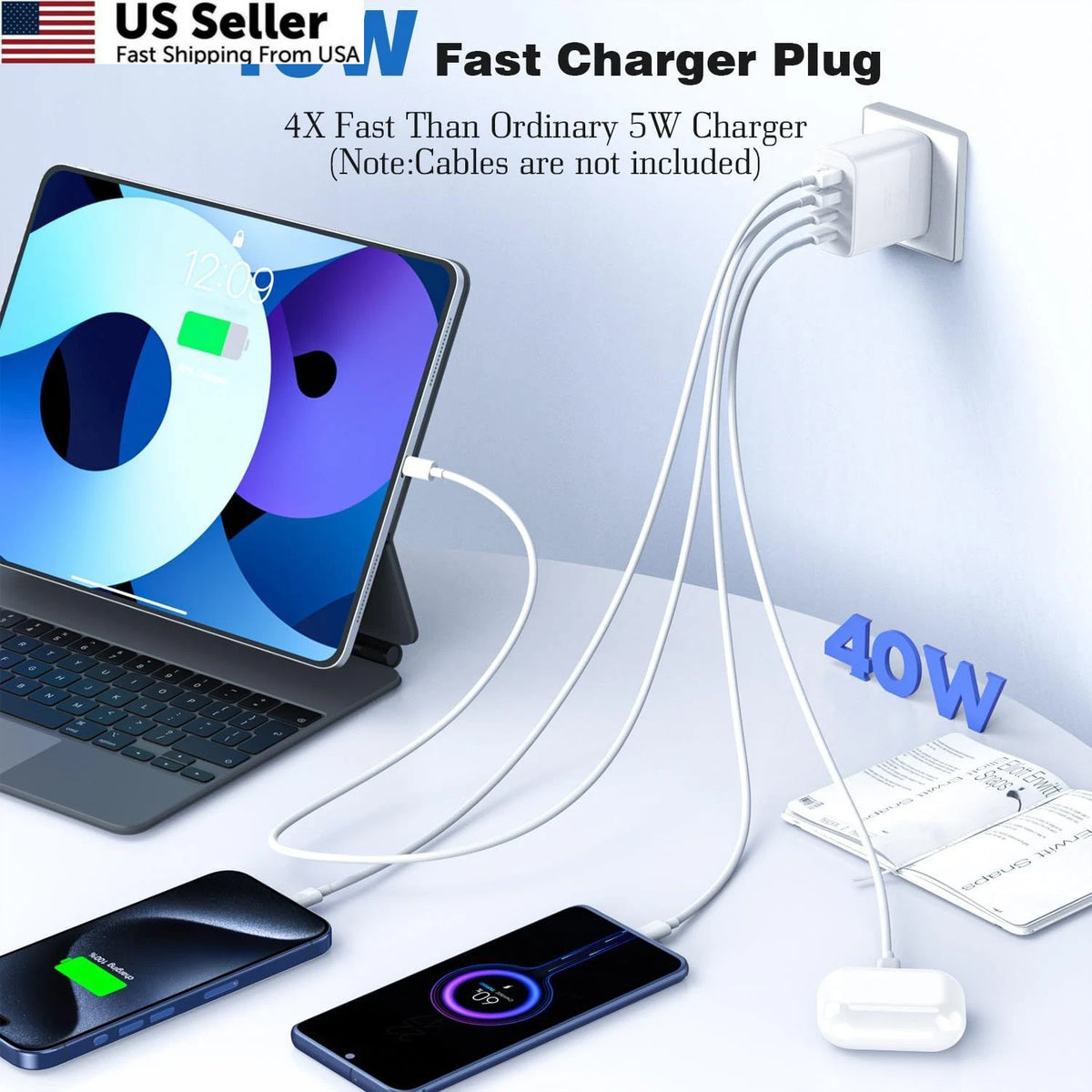 40W 2-Pack USB C Charger Block, 4-Port PD Power for Universal Use