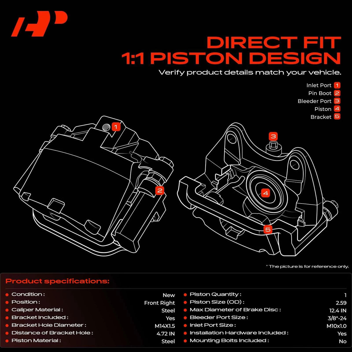 Front Right Disc Brake Caliper for Ford Escape Mazda Tribute (2001–2012) - 9L8Z-2B120-A, 9L8Z-2B540-A, ZZD03361X, 18-B5277