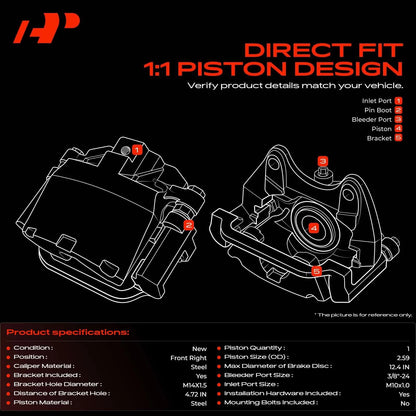Front Right Disc Brake Caliper for Ford Escape Mazda Tribute (2001–2012) - 9L8Z-2B120-A, 9L8Z-2B540-A, ZZD03361X, 18-B5277