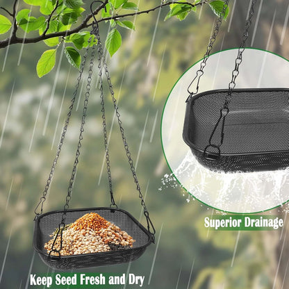Metal Platform Bird Feeder for Hanging Seed Tray (11 in Square, Black)