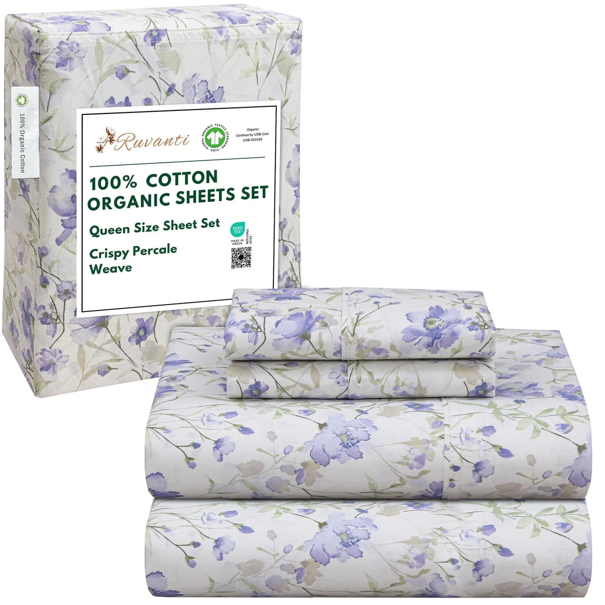 Set of 2 Organic Cotton Percale Sheets for Queen Size (100% Cotton)