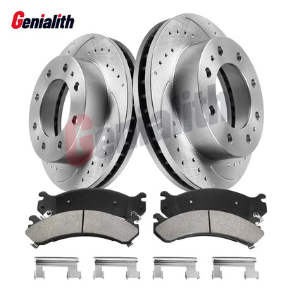 Front Drilled Rotors & Brake Pads for Chevy GMC Sierra Silverado 2500 3500 HD (2001–2023)