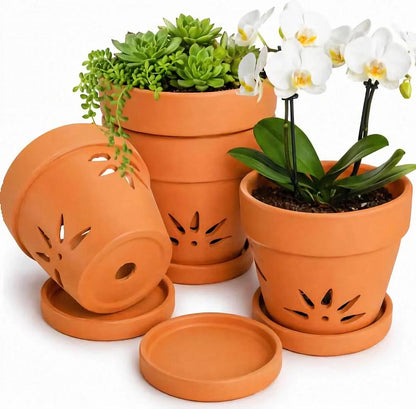 Set of 4 Orchid Pots with Holes and Saucers for Terracotta Clay