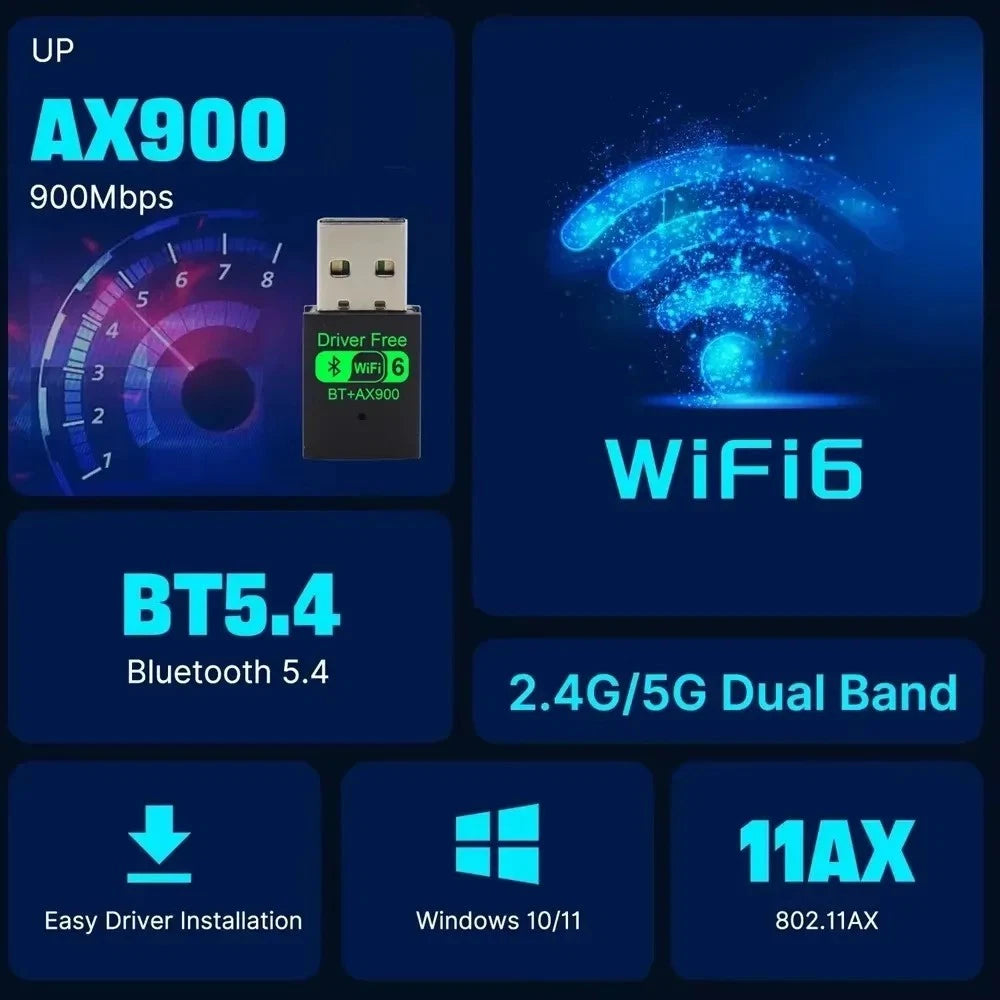 USB WiFi-6 Dongle 900Mbps Dual Band & BT 5.4 for Windows 10, 11