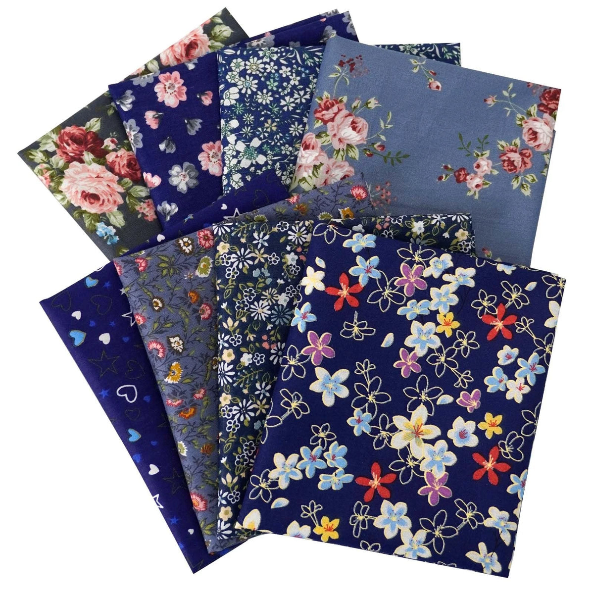8pcs Cotton Fabric Fat Quarters for Quilting (Daisy Design, Dark Blue)