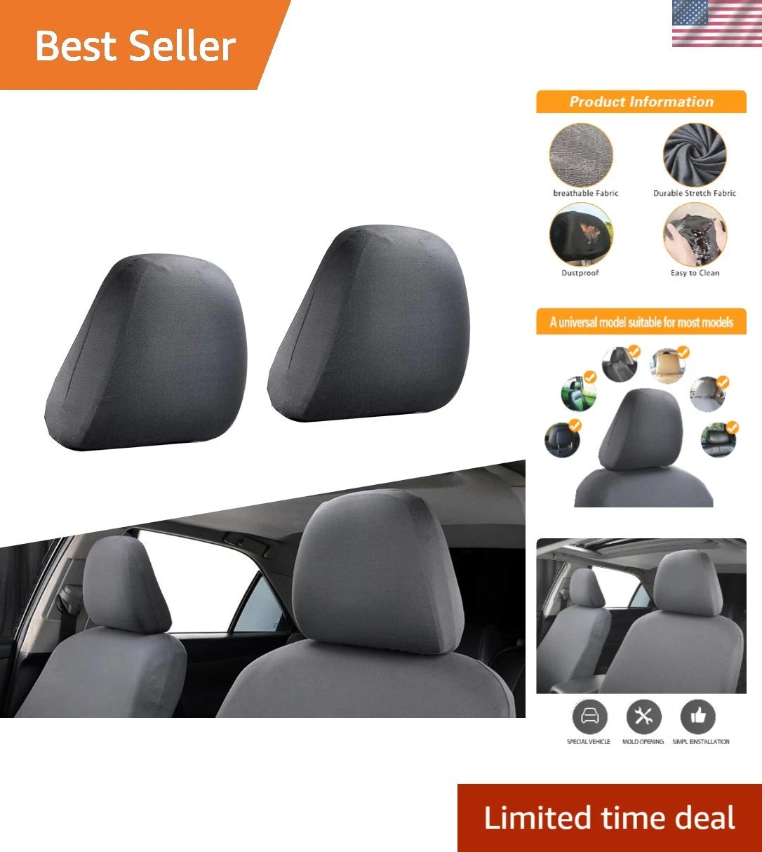 Pack of 2 Car Seat Headrest Covers for Universal Fit