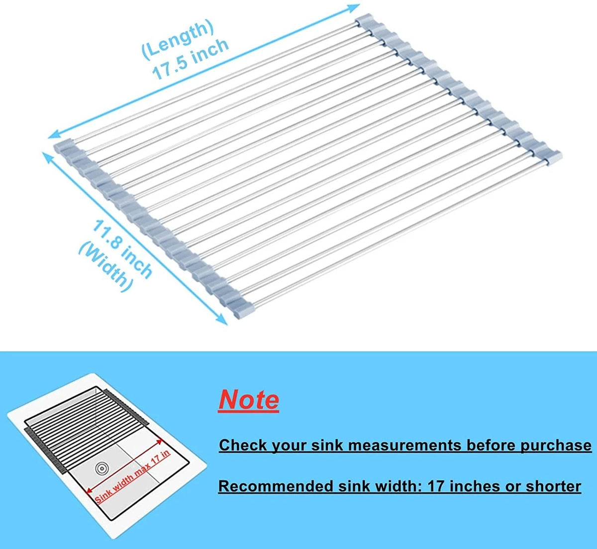 Roll Up Dish Drying Rack for Over The Sink (17.5 x 11.8 in, Gray)