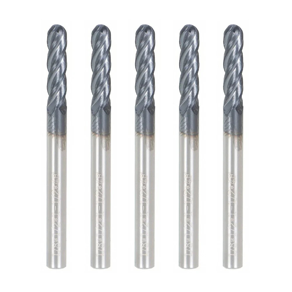Set of 5 End Mills 1/8" 4 Flute Ball Nose Carbide