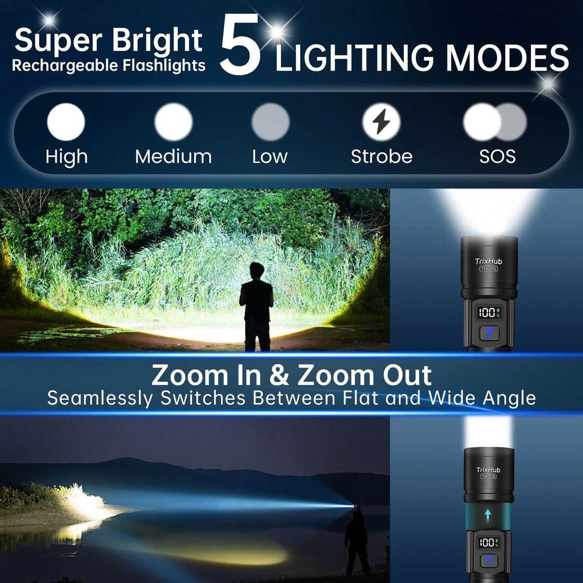 3X Rechargeable Flashlights - Super Bright, 5 Modes