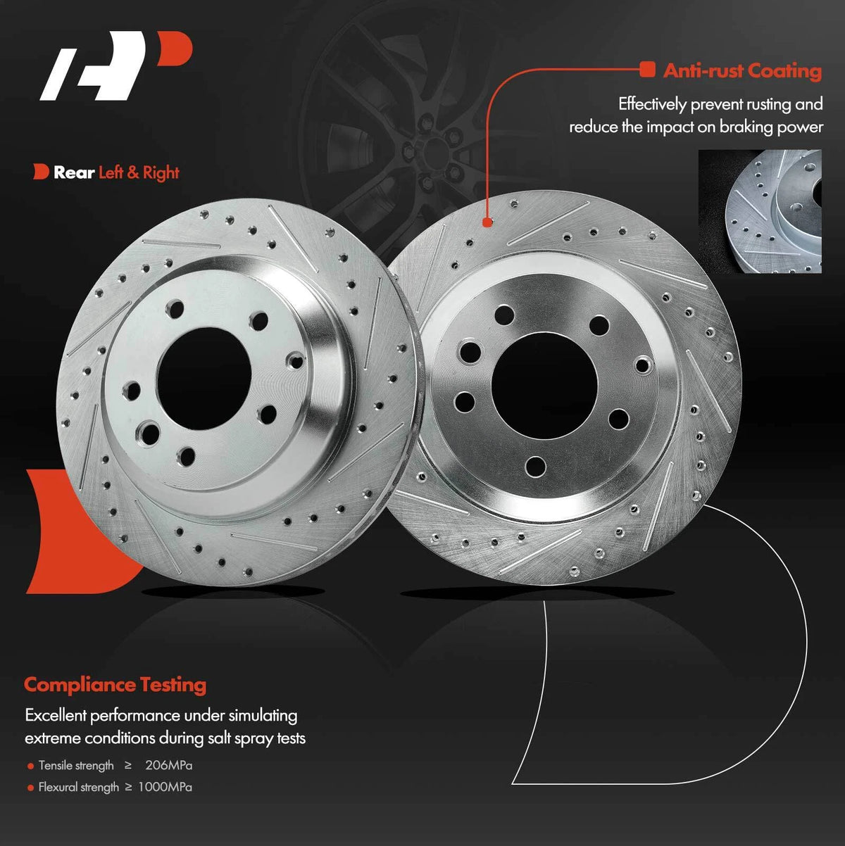 Set of 2 Rear Drilled Brake Rotors & Pads for Audi Q7 (2007–2015) 12133078, S-34287
