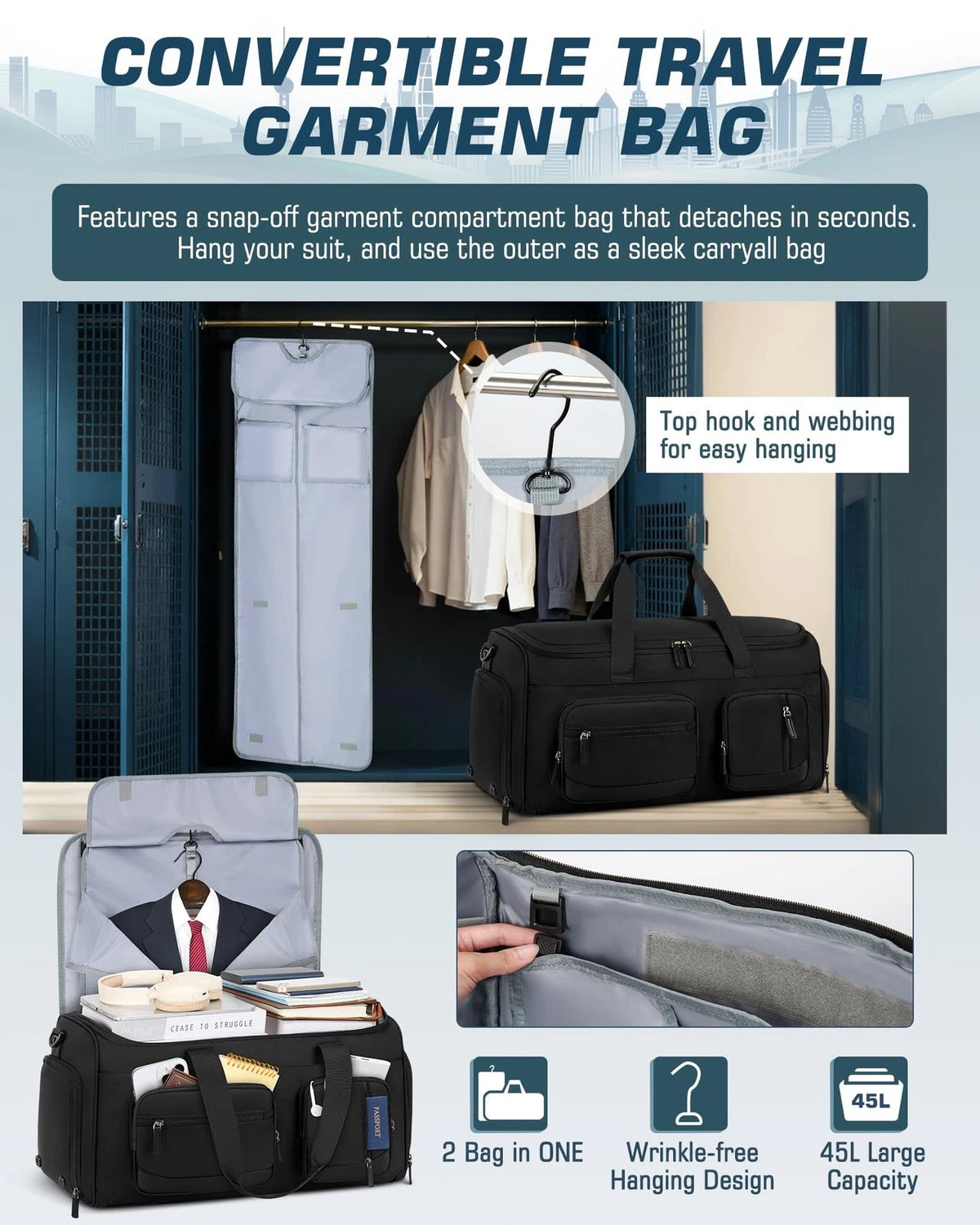Convertible Garment Bag for Travel (45L) - Black