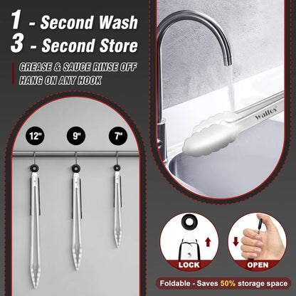 3pcs Food Grade Stainless Steel Kitchen Tongs for 7+9+12 Inch