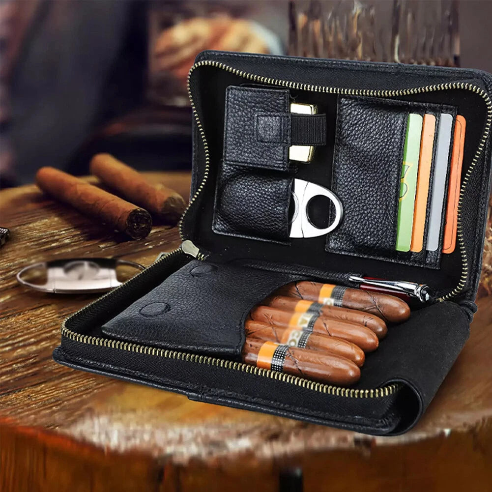 5-Slot Black Genuine Leather Cigar Case with Wrist Strap and Zip Closure