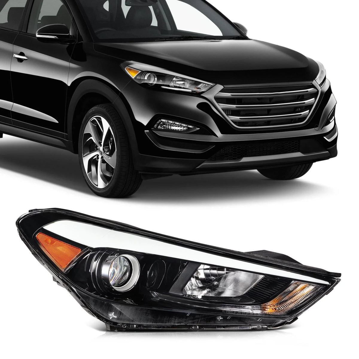 Right Passenger Side Black Amber Headlight Assembly for Hyundai Tucson (2016–2018)