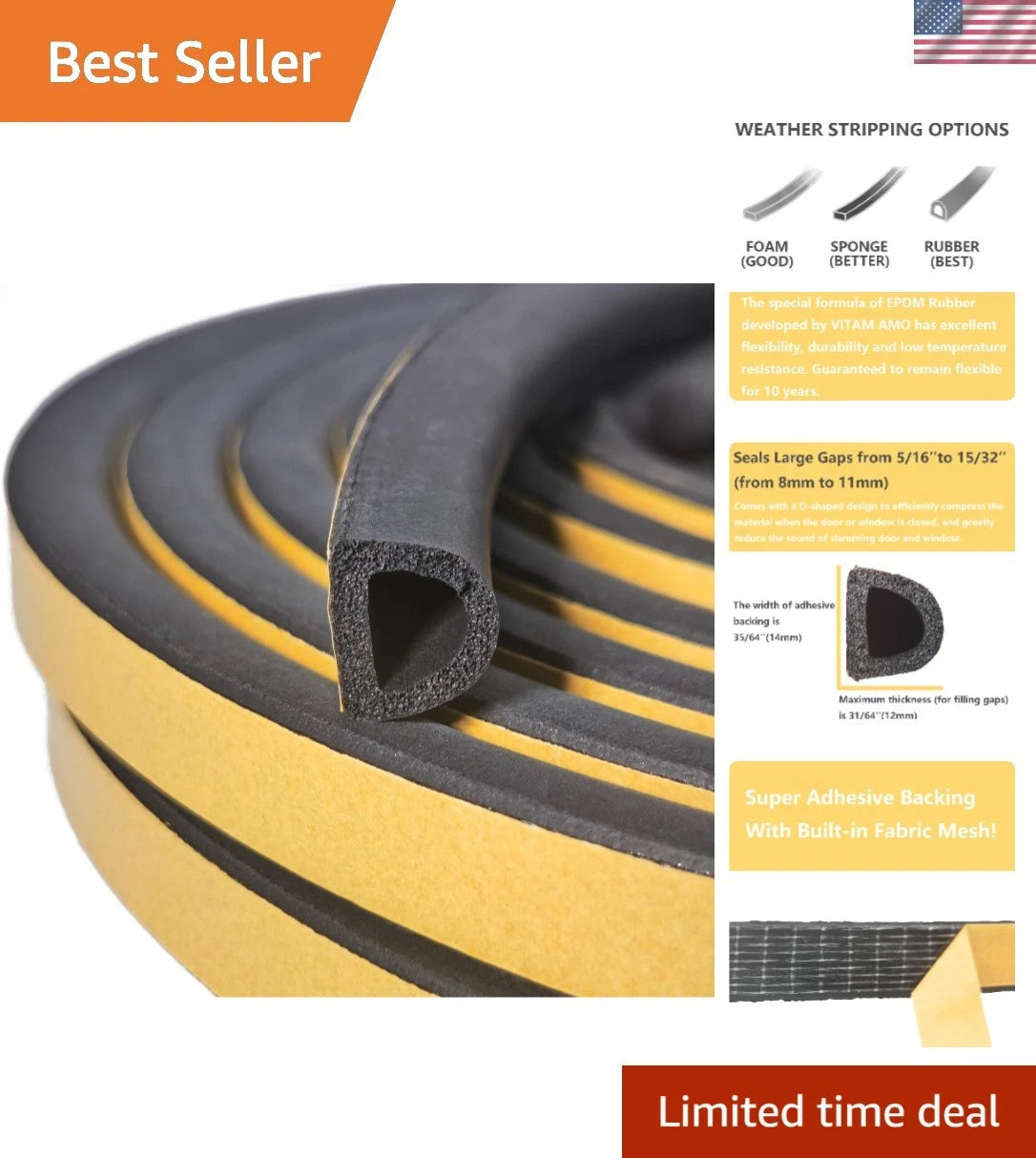 18' EPDM Rubber Weather Stripping Seal for Doors & Windows Insulation