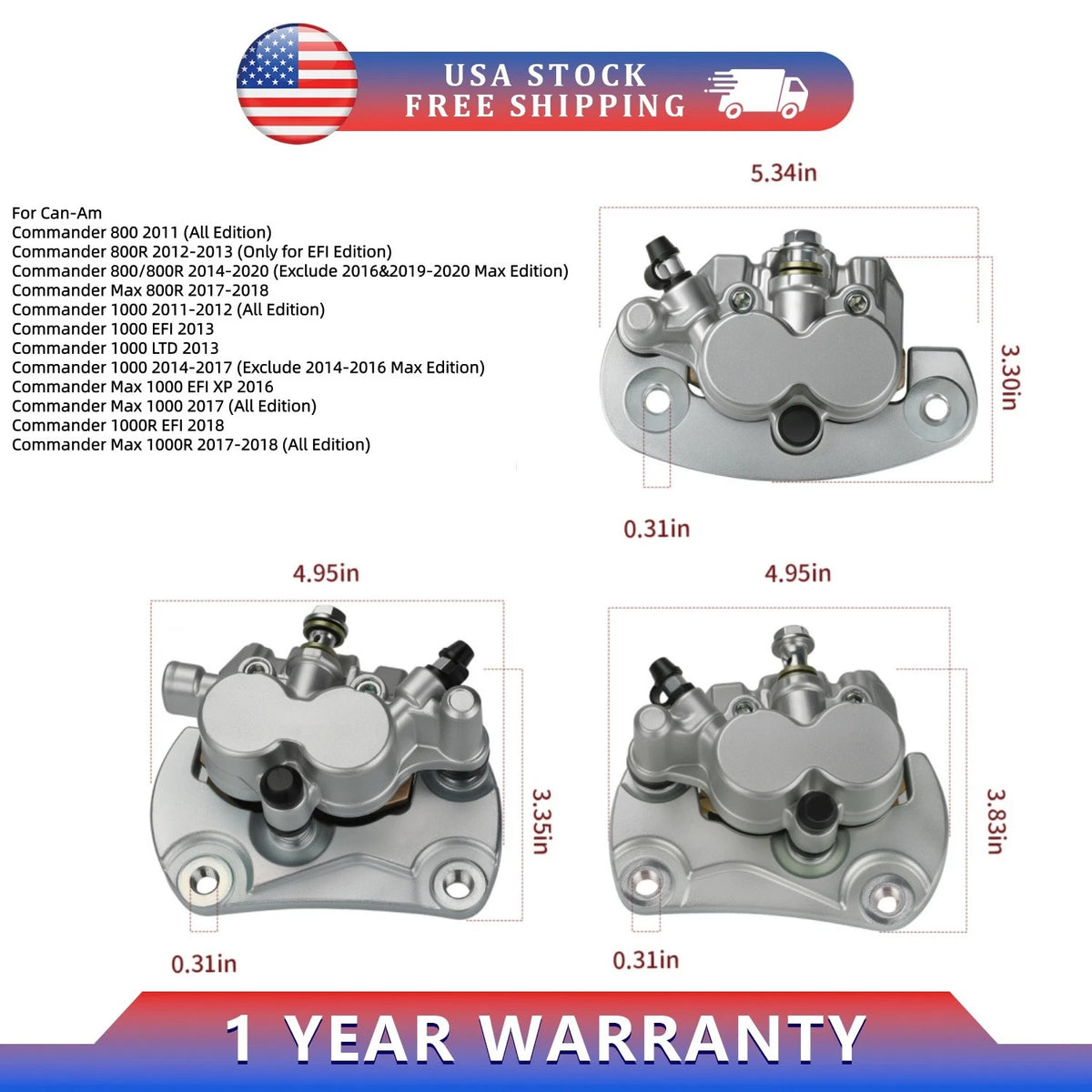 Front & Rear Brake Calipers w/Pads for Can-Am Commander 800 800R (2011–2020) 705600679, 705600678, 705600872