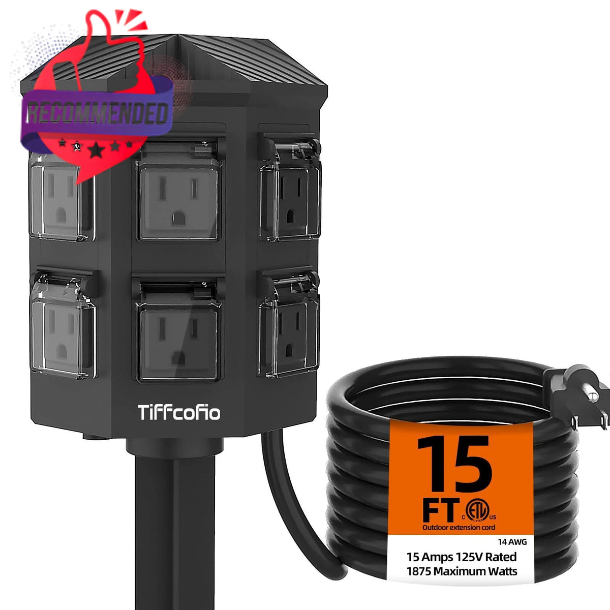 Outdoor Power Strip with Stake for Outdoor Use (15 Ft Extension Cord)