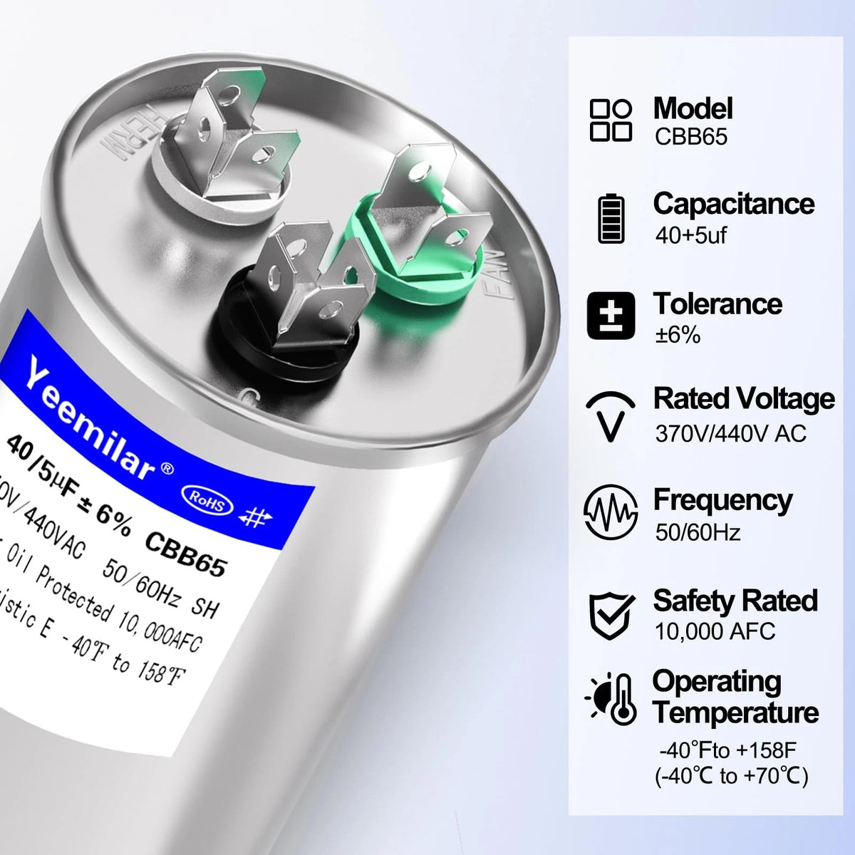 40+5 uF Dual Run Round Capacitor for AC Units (370V/440V)