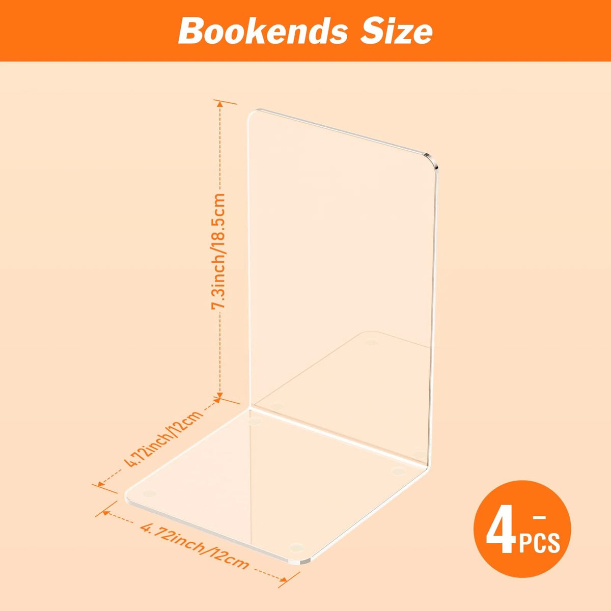 Set of 4 Acrylic Bookends for Shelves (Clear, Transparent)