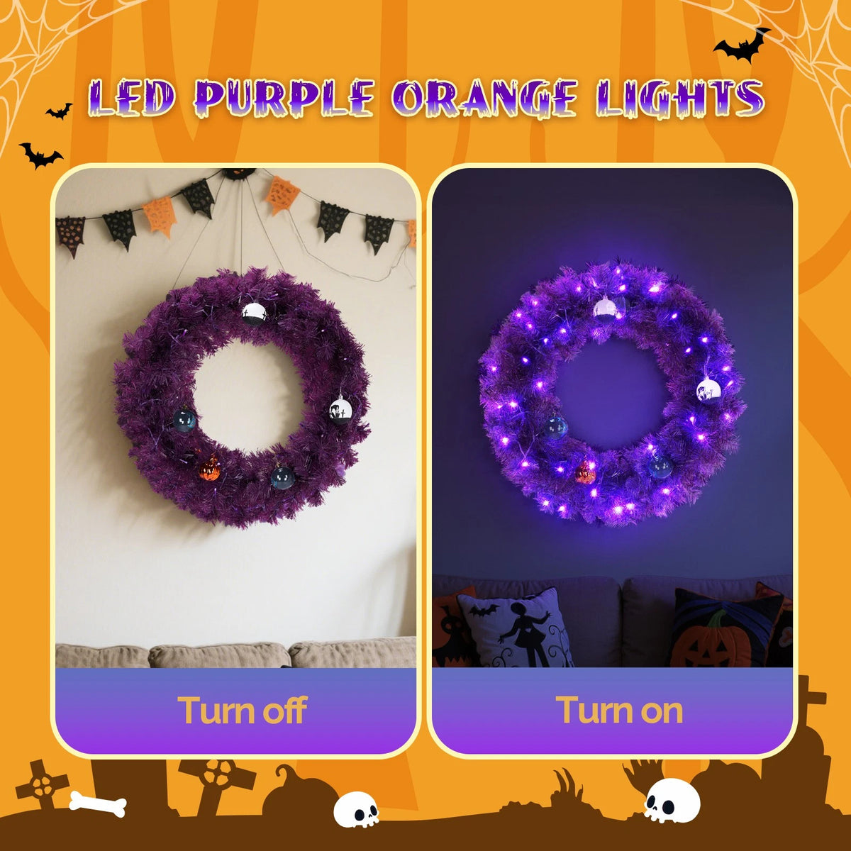 24in Pre-lit Halloween-Themed Wreath for Christmas (No Part Numbers)
