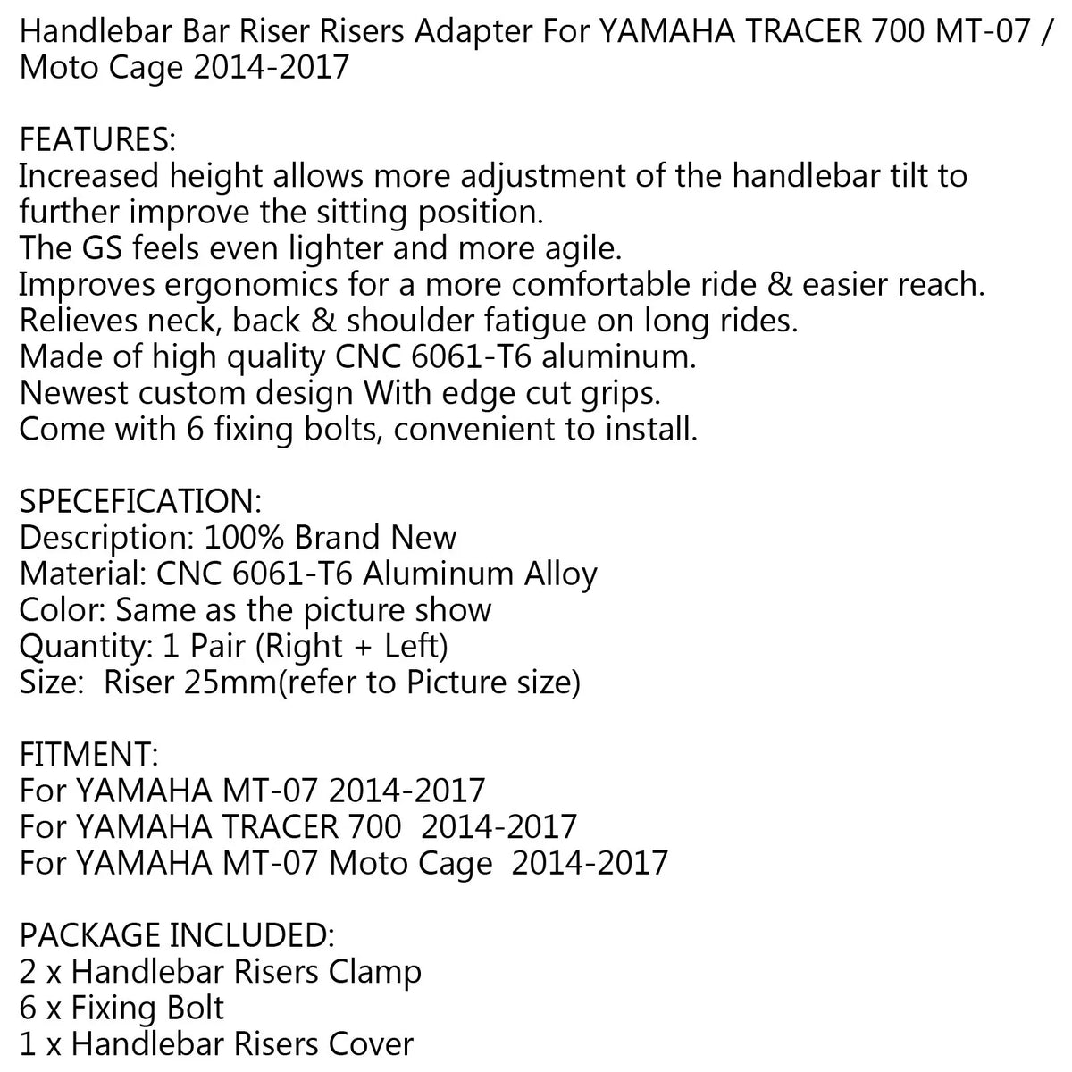 25mm Handlebar Risers for Yamaha Tracer 700 MT07 (2014–2018) Black
