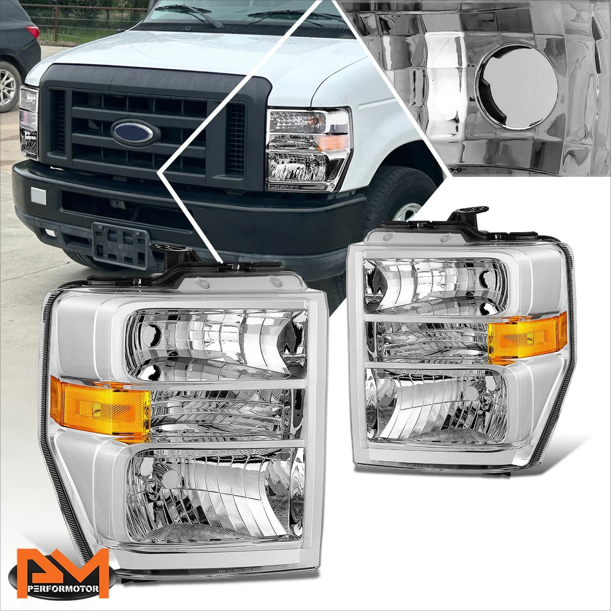 Chrome Housing Amber Corner Headlights for E150 E250 E350 E450SD F650 F750 (2008–2021)