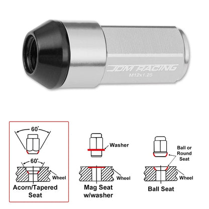 Set of 20 JDM M12X1.25 Silver Aluminum Wheel Lug Nuts with Cap & Adapter