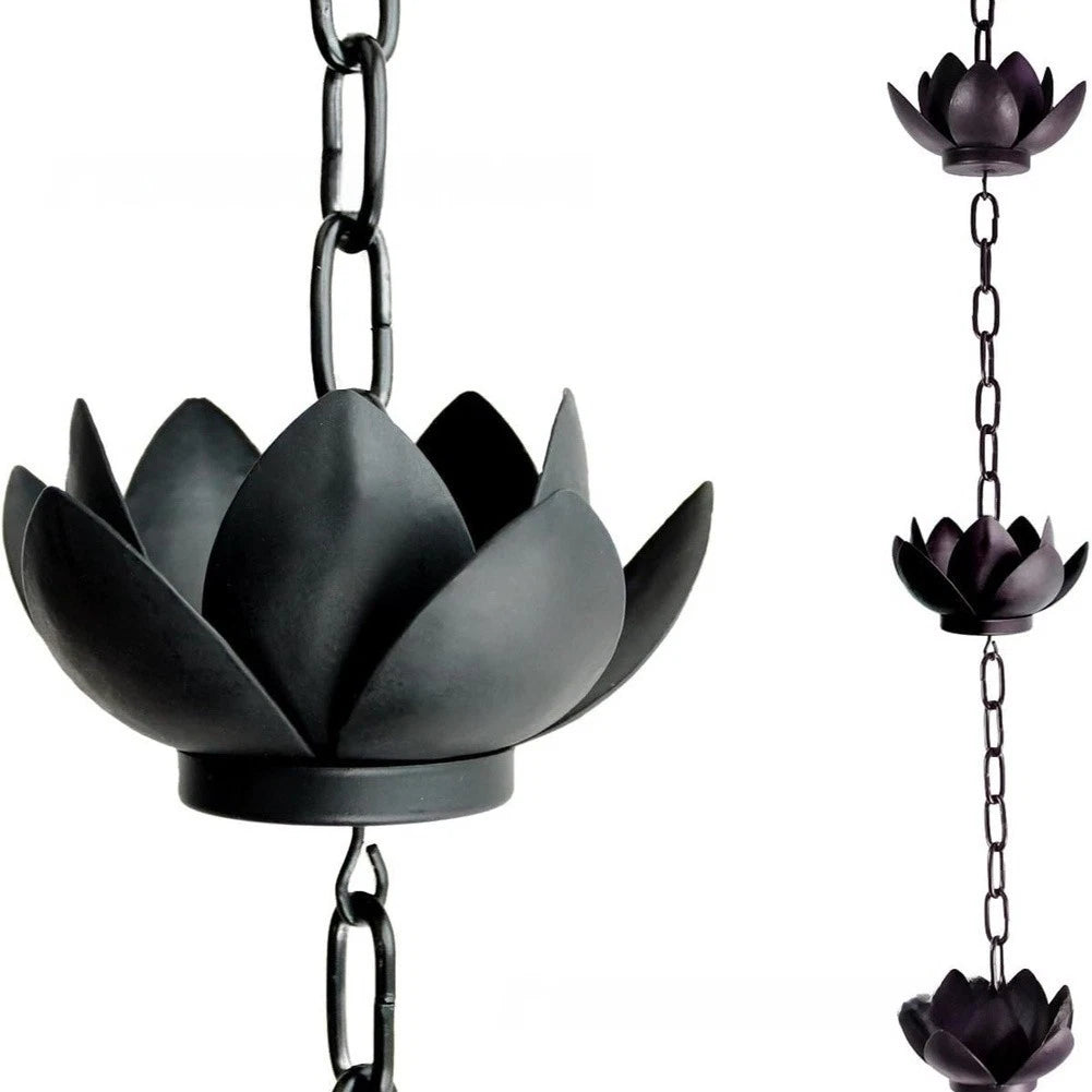 Lotus Design Rain Chain for Outdoor Garden (130cm, Iron, Black)