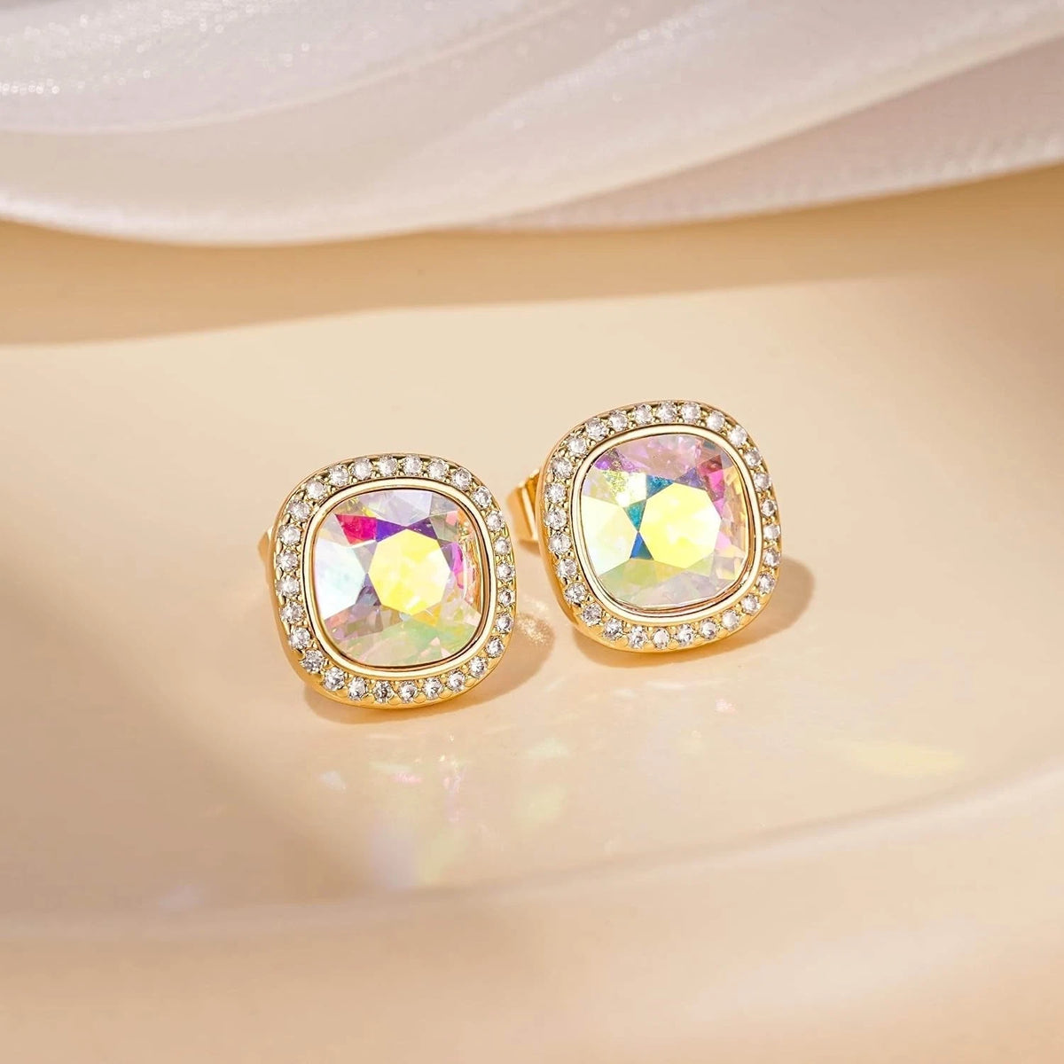 Set of 2 Austrian Crystal 14K Gold Plated Square Halo Stud Earrings