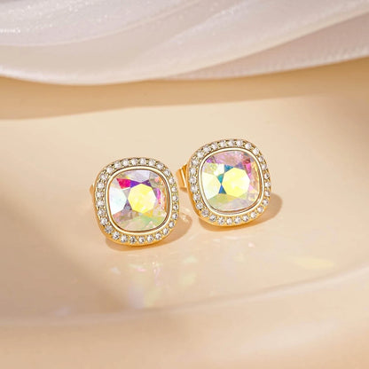 Set of 2 Austrian Crystal 14K Gold Plated Square Halo Stud Earrings